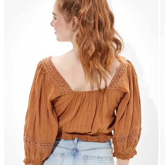 American Eagle Puff Sleeve Lace Blouse Women's Size S Brown Shirt - Picture 2 of 6
